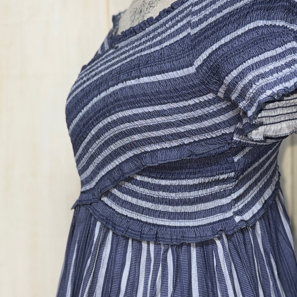 Japna Navy and White Striped smocked dress - Picture 2 of 4